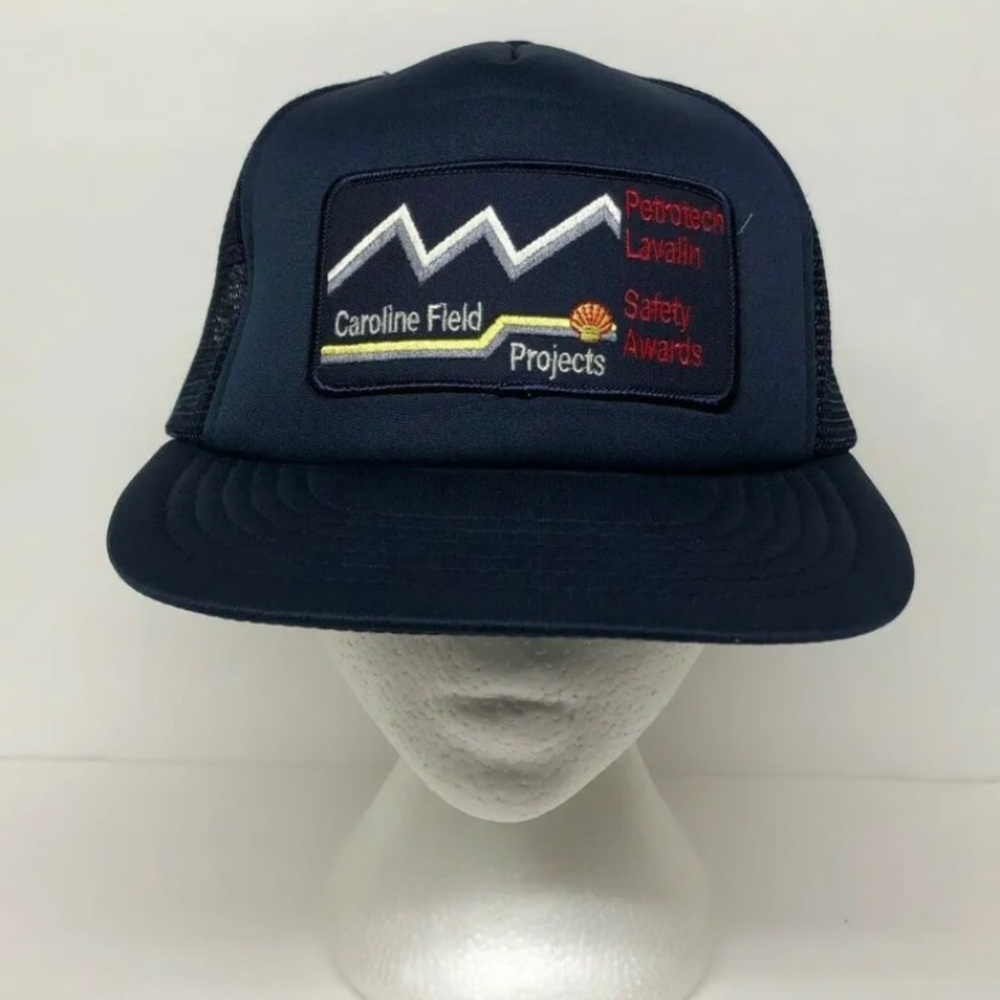 Vintage Shell Hat Cap Snapback Navy Blue Caroline Field Trucker Mesh - Defects